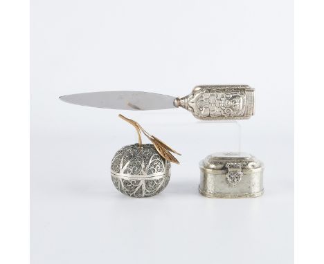 Group of three silver objects. Includes one lidded box with engraved scrolling decoration; one Mexican sterling letter opener