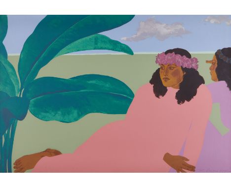 Pegge Hopper (American, b. 1936). Lithograph in colors on paper titled "Kailua Noon B," depicting two seated Hawaiian women. 