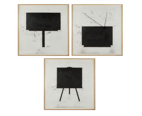Randy Twaddle (American, b. 1957). Group of three charcoal on paper drawings from his 1985 series "The Anxious Rectangle" dep