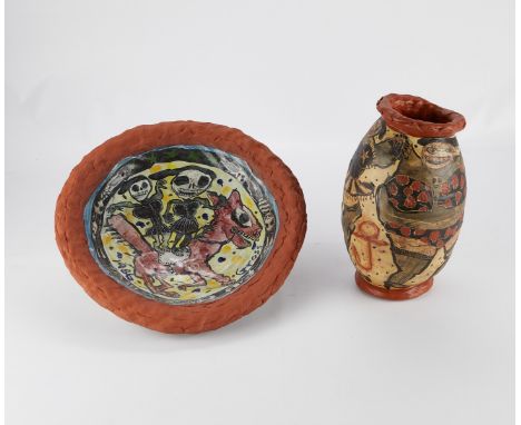 Michael Gross (American, 20th c). Group of two outsider art ceramic pieces, decorated with Gross' signature sharply comic ill