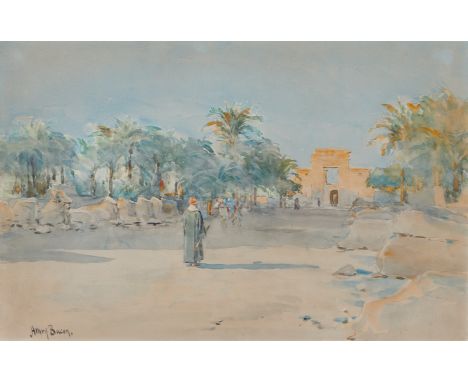 Henry Bacon (American, 1866-1924). Orientalist watercolor painting on paper depicting a figure moving down a palm-lined walkw