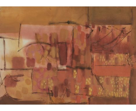 Lynn R. Wolfe (American, 1917-2019). Abstract acrylic on paper painting titled "Glassed Orange Acrylic." Signed in pencil alo