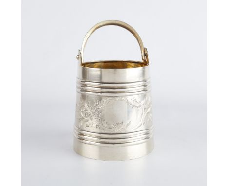 One Russian sterling silver ice bucket, decorated with engraved scrolling designs. Impressed maker's mark along the handle, p