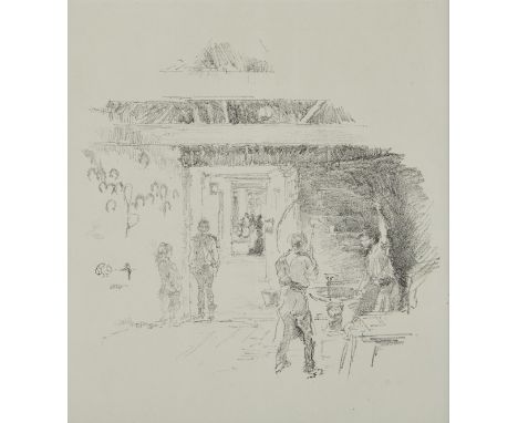 James Whistler (American, 1834-1903). Lithograph on paper titled "The Tyresmith," depicting workers fabricating a tire frame,