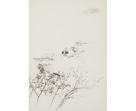 Chin San Long (Lang Jingshan) (Chinese, 1892-1995). Photograph depicting a woman carrying water along a rocky bank, with tree