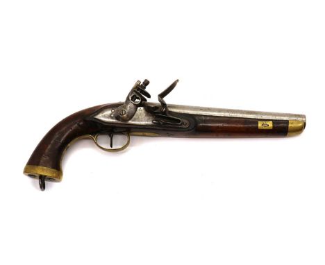 A .75 bore Continental flintlock 'Sea Service' pistol,late 18th century, plain lock, 9in barrel, walnut stock with brass moun