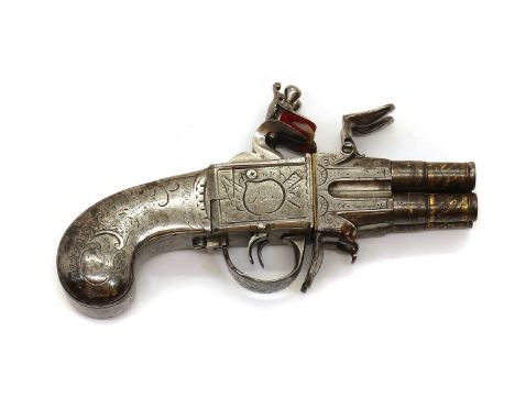 A Liege 120 bore four barrelled flintlock boxlock turn-over pistol signed Charlie, Paris,late 18th century, with 3.4cm turn-o