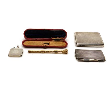 A silver cigarette case Birmingham, 1926, with engine-turned decoration and gilt interior, 8cm wide  together with a silver m