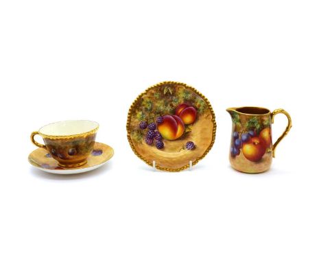 A Royal Worcester porcelain fallen fruits cream jugby C. Bowen, hand painted with apples and grapes against a moss ground, wi