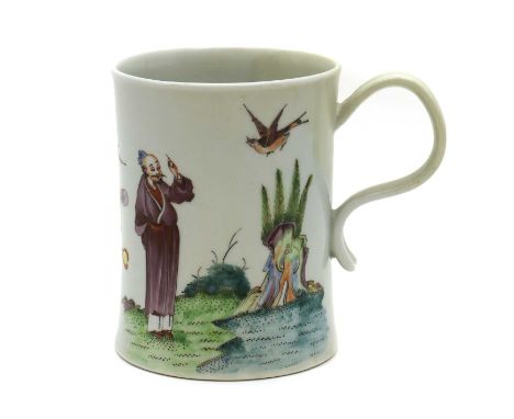 A large Worcester porcelain mug,1755/60, decorated in the Beckoning Chinaman pattern, with a red anchor mark and Klaber and K