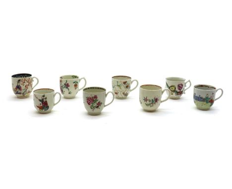 A collection of Worcester porcelain teacups,mid to late 18th century, polychrome painted, comprising a 'Gold Queens' pattern 