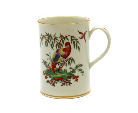 A large Worcester porcelain mug,c.1765/70, decorated in the Fancy Birds pattern, 14cm highCondition ReportHairline crack runn