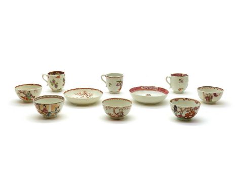 A collection of Lowestoft porcelain tea wares,mid to late 18th century, polychrome enamel painted, comprising four five bowls