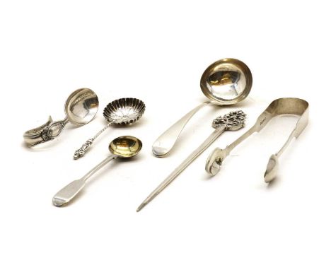 A collection of silver flatware,comprising a George III ladle, London 1803, a pair of George IV sugar tongs, London 1829 Edwa