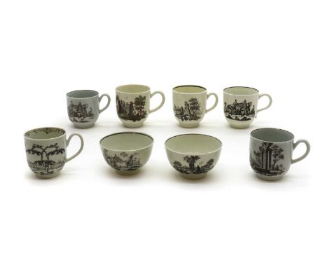 A collection of Worcester porcelain en grisaille tea wares,c.1760, after designs by Robert Hancock, comprising two teacups de