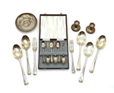 A collection of silver, comprising five tablespoons, a pair by Mappin and Webb Ltd, London, 1922, a further two by Josiah Wil