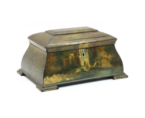  A lacquered tea caddy,early-mid 19th century, the hinged lid enclosing two lidded compartments, raised on squat bracket feet