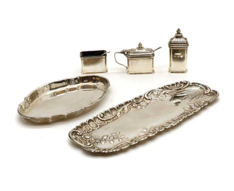 A three piece silver cruet set,by Adie Brothers, Birmingham 1947, with two associated silver condiment,together with a silver