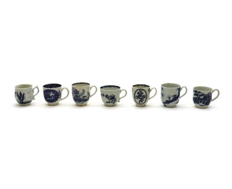 A collection of blue and white Worcester porcelain teacups,comprising a 'Gazebo' pattern example, c.1756-58, with a wishbone 