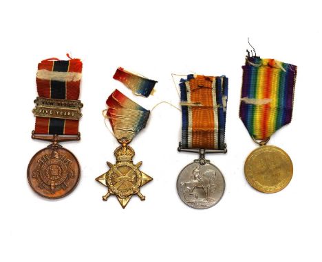 A WWI medal trio,named to T4-84037 Driver (DVR.) G. D. R King, Army Service Corps (ASC), comprising a 1914 Star, Victory meda