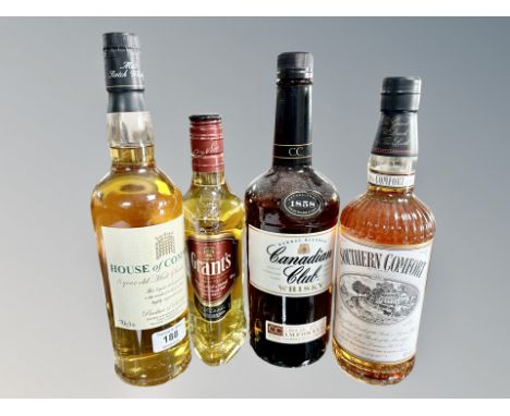 A bottle of House of Commons 8 year old malt Scotch whisky 70col 40% volume, 1 litre bottle of Canadian Club whisky, 35cl bot