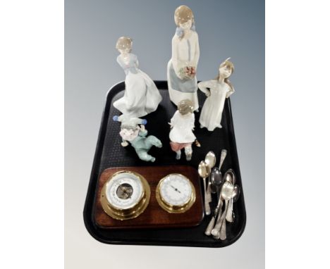 A barometer/thermometer on oak board, small quantity of plated cutlery, Lladro and Nao figures (some damages) 