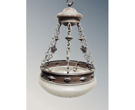 A continental metal and frosted glass light fitting, wired for electricity, overall 83 cm high x 50 cm diameter 