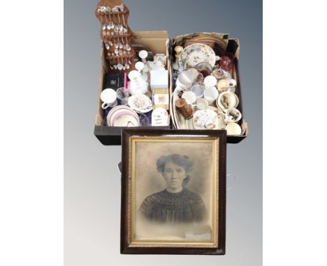 Two boxes of tea spoons on rack, commemorative china, candlesticks, collector's plates, napkin rings, antiquarian portrait et