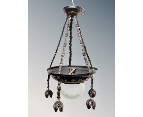 A continental embossed and metal frosted glass pendant light fitting, total height approx. 75 cm, diameter 43 cm 