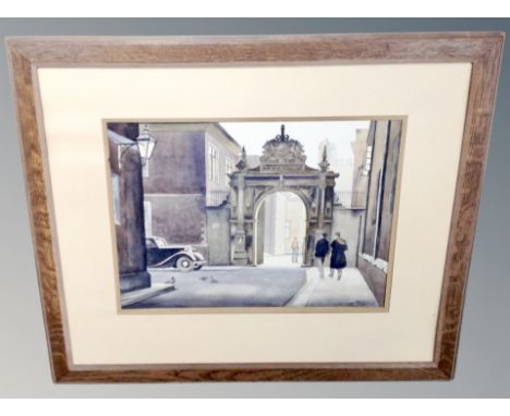 A watercolour depicting an archway together with a print of buildings on a hillside 