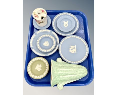 A tray of Wedgwood Jasperware dishes, Art Deco ceramic wall pocket and an Old Foley ware honey pot 