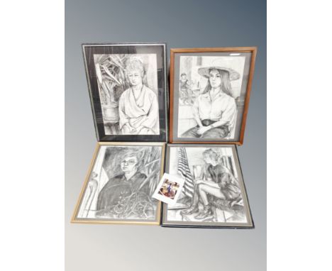 Paula Stephenson : Portrait of Angie in boots, charcoal, 45 cm x 60 cm, together with three further pictures from the same st