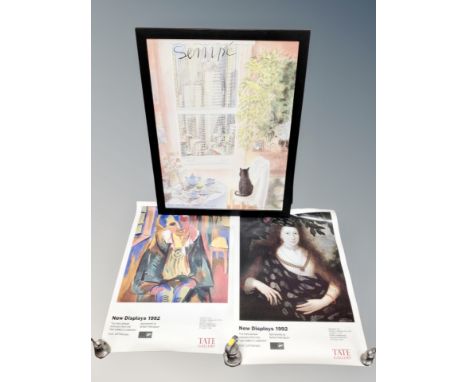 A colour print depicting a scene of New York together with gallery posters.