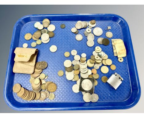 A tray of mixed pre-decimal and foreign coins, Ronson lighter, bank notes