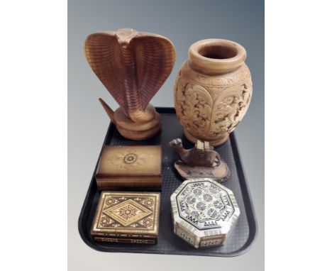 An Anglo Indian mother of pearl inlaid octagonal box, marquetry trinket box, Eastern sculpture of a cobra, carved eastern vas