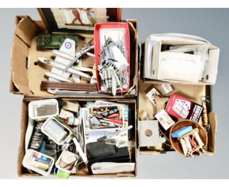 Three boxes of artist's materials, model making items, air craft etc, onyx eggs etc 