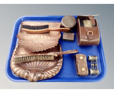 Two copper hearth brushes and scoops, pair of opera glasses, match vesta depicting a tavern scene, copper trinket box etc 