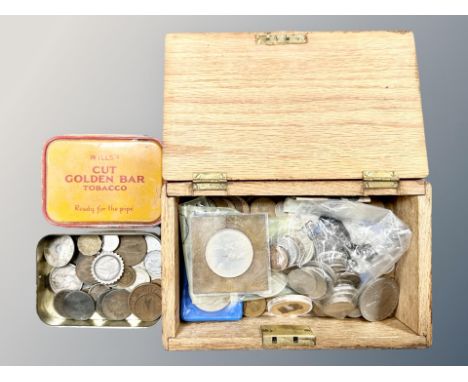 An oak box and a Wills' Cut Golden Bar Tobacco tin containing antique and later coins, some silver, crowns etc  