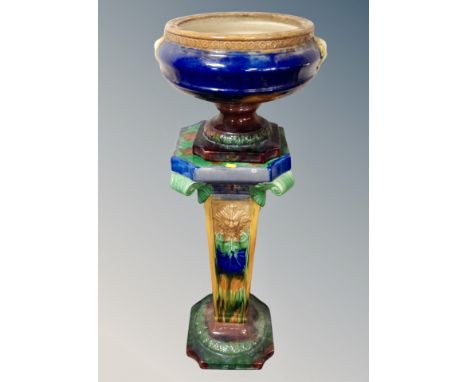 A Minton-style majolica planter on plant stand, height 108 cm 