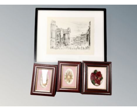 A monochrome print depicting Grey Street together with three flower collages.