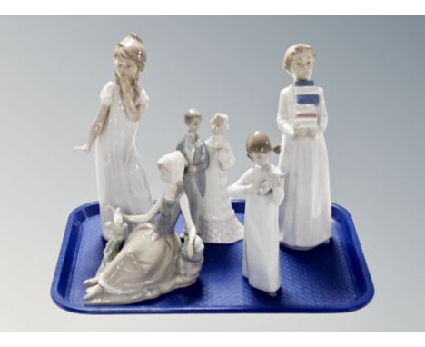 A Group of five Lladro and Nao figures including girls and boys in night dress, bride and groom etc (some restored and af)