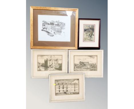 A print after Arthur Rackham, a further print of Newcastle Quayside and three other architectural examples/ (5)
