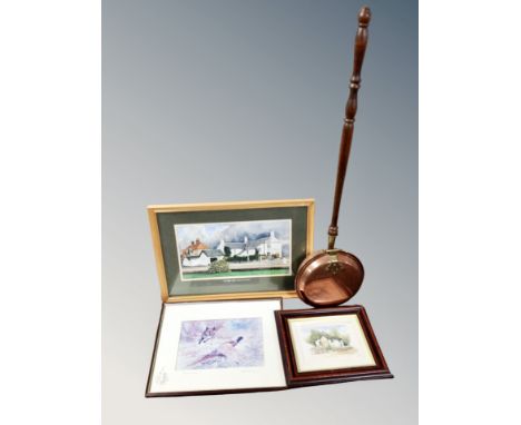 A copper warming pan together with a signed colour print by Keith Proctor, a watercolour drawing of the Three Tuns, and a Ter