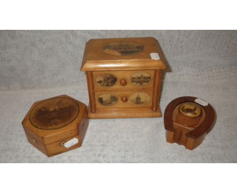 A MAUCHLIN WARE TWO DRAWER CHEST and a similar thread holder, by James Chadwick and Brothers, and a similar item