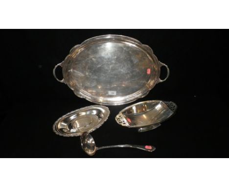A PLATED OVAL TRAY, a similar ladle and other items