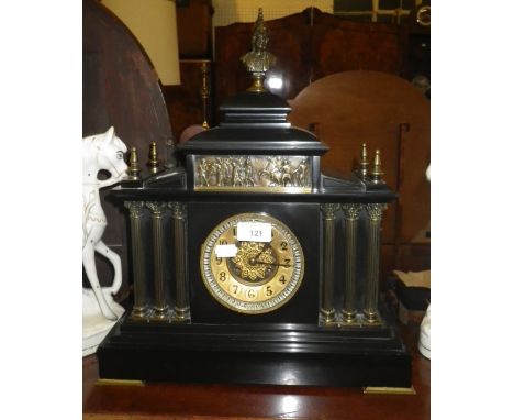 A 19TH CENTURY SLATE-CASED MANTEL CLOCK of architectural form (key and pendulum in office)
