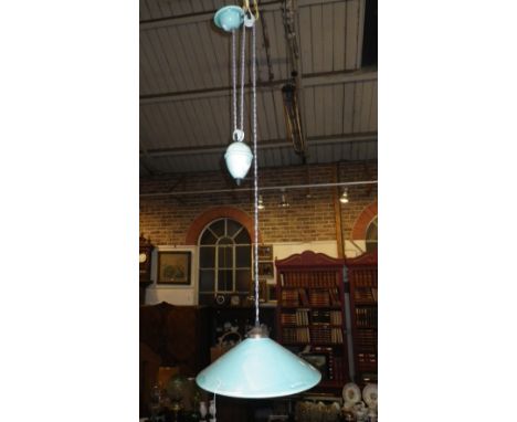 A FRENCH STYLE GREEN CERAMIC RISE & FALL ADJUSTABLE CEILING LAMP