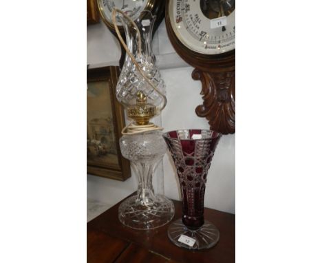 A WATERFORD ELECTRIC TABLE LAMP (marked to shade) and a Bohemian style trumpet vase (2)