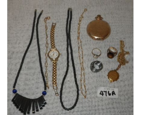 A YELLOW METAL HUNTING CASED POCKET WATCH and a collection of costume jewellery