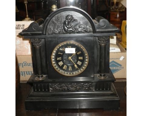 A LARGE 19TH CENTURY SLATE-CASED MANTEL CLOCK of architectural form (key and pendulum in office)